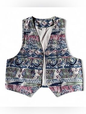 Vintage Grandmacore Patterned Cotton Vest in Blue, Green, Mauve